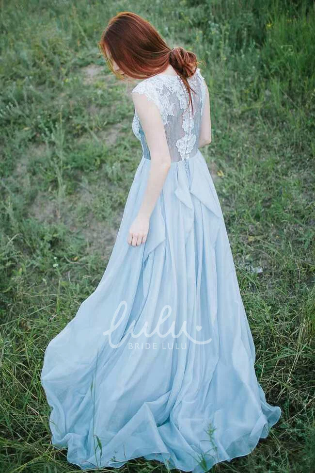 A-Line Chiffon Draped Dress with Lace Applique Top Sleeveless Jewel Neckline