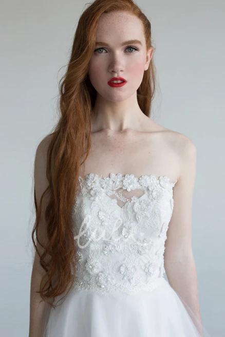 Maxi Floral Tulle Wedding Dress With Appliques Strapless A-Line Sleeveless