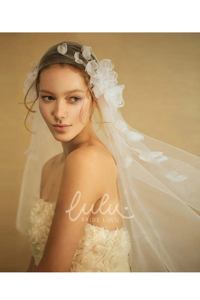 Handmade Long Tulle Veil with Flowers Elegant Wedding Dress Accessory