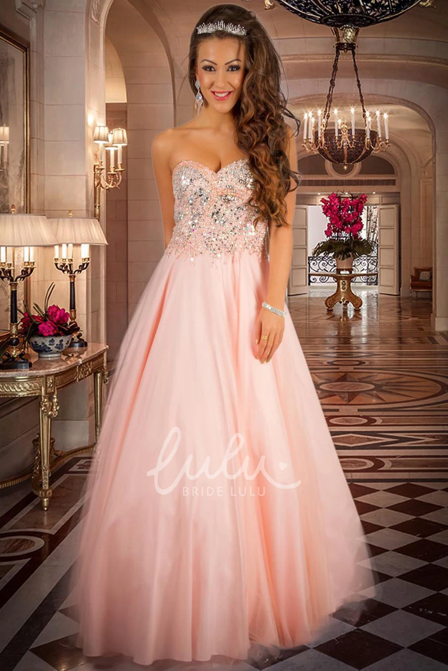 Sweetheart Sleeveless Beaded Tulle&Satin A-Line Prom Dress Simple Prom Dress for Women