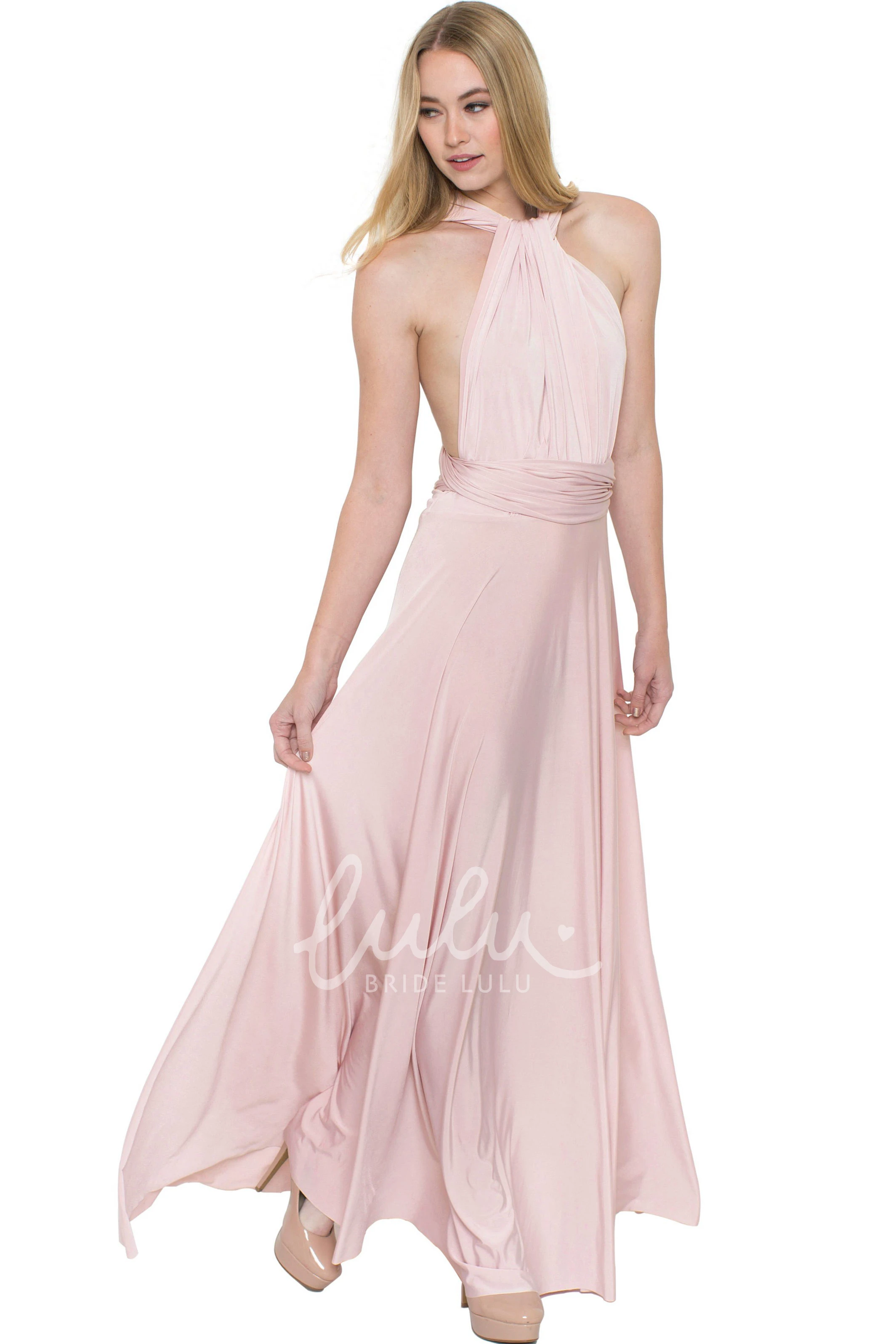 High Neck Ruched Chiffon Bridesmaid Dress Sleeveless Convertible Multi-Color Sash and Keyhole
