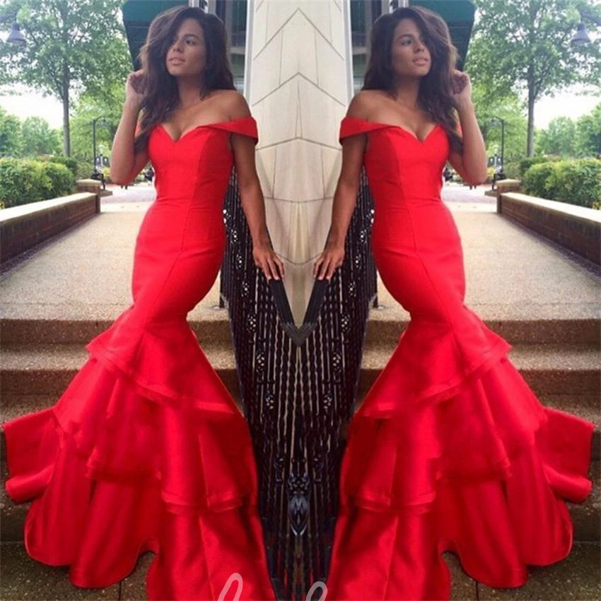 Red Off-Shoulder Mermaid Prom Dress with Ruffles and Sexy Look