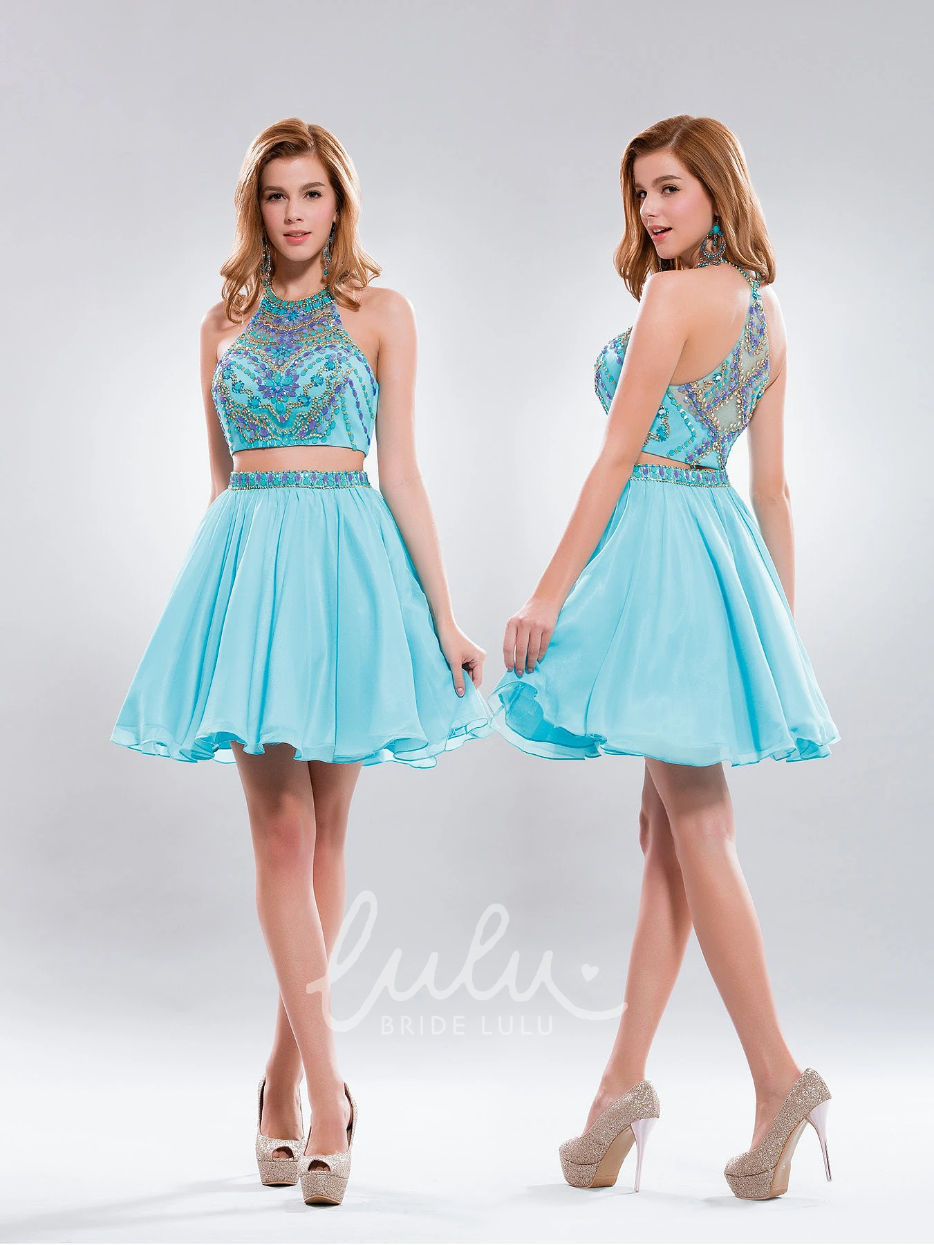 High Neck Sleeveless Chiffon Illusion Two-Piece A-Line Formal Dress with Beading