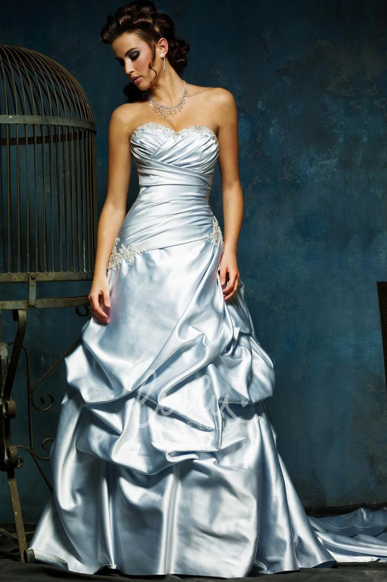 Sleeveless A-Line Satin Wedding Dress with Pick-Up and Cascading Ruffles Unique Wedding Dress