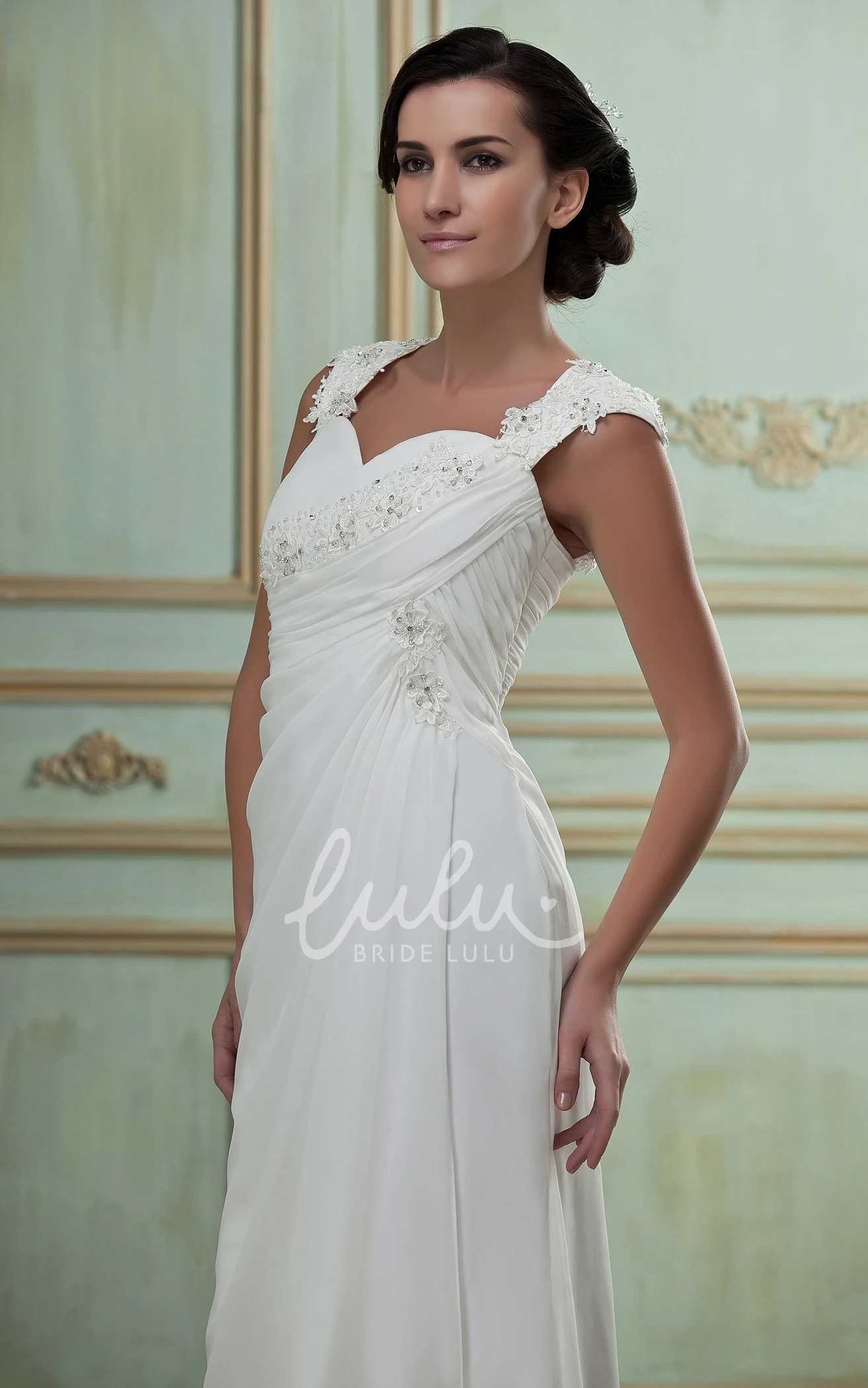 Chiffon Maxi Wedding Dress with Brush Train Queen Anne Cap-Sleeve Bridal Gown