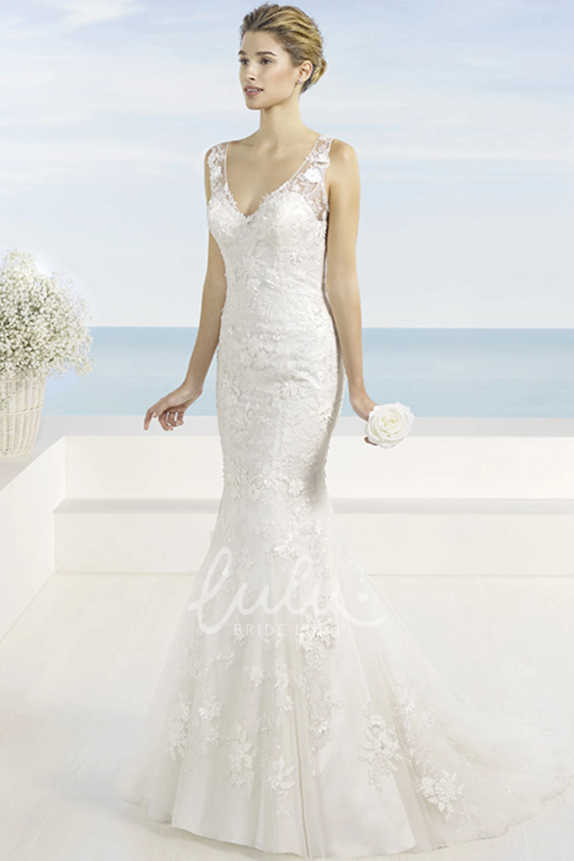 V-Neck Appliqued Lace Wedding Dress with Court Train and Illusion Back Unique Wedding Dress