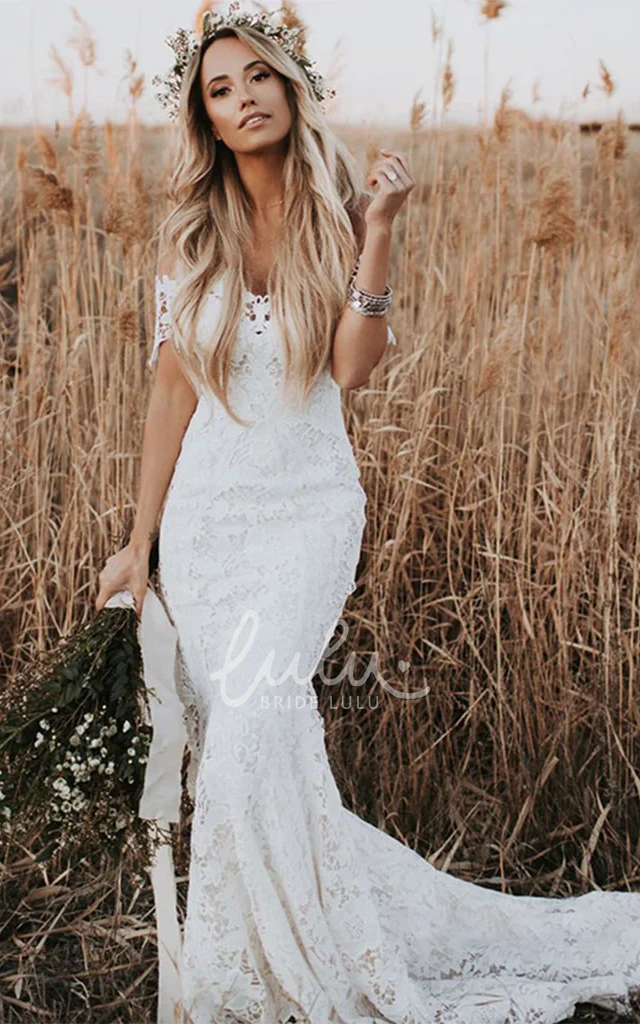 Boho Lace Off-shoulder Short Sleeve Wedding Dress Country Style