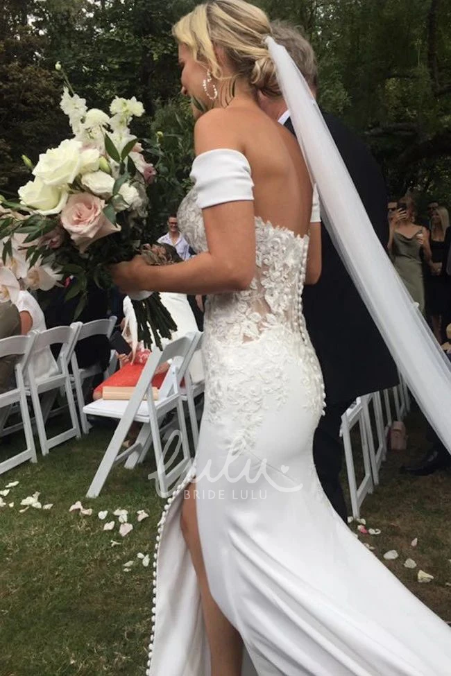 Off-the-Shoulder Satin Sweetheart Wedding Dress with Lace and Button Details