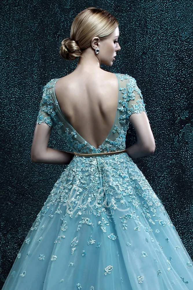 Pleated Organza A-line Dress with Flowers Short Sleeve