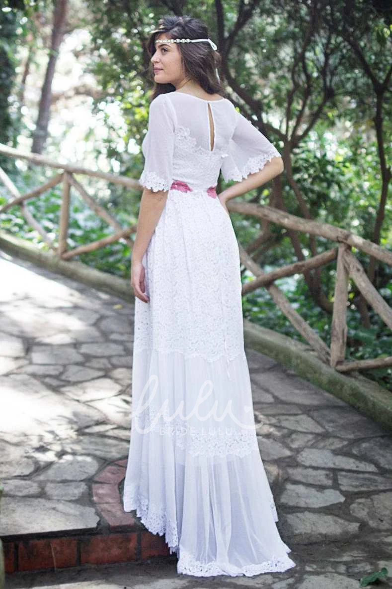 Full Bell-Sleeve Lace Wedding Dress with Bateau Neckline