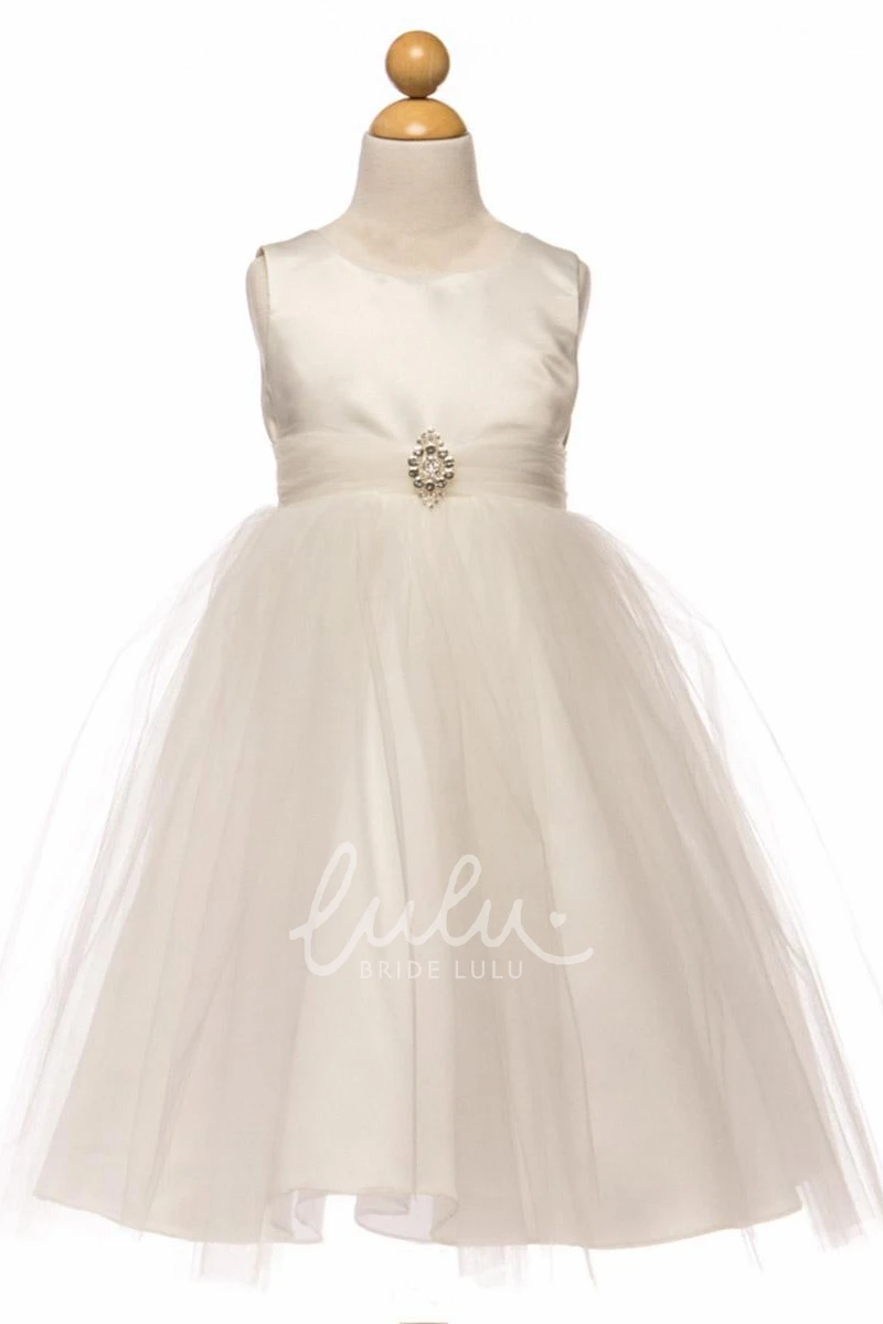 Tea-Length Tulle & Satin Flower Girl Dress with Beads and Brooch Modern Design