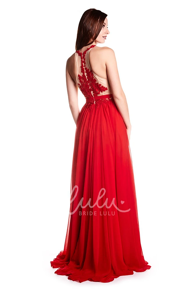 Sleeveless High Neck Appliqued Chiffon Prom Dress with Illusion Back Elegant Prom Dress 2025