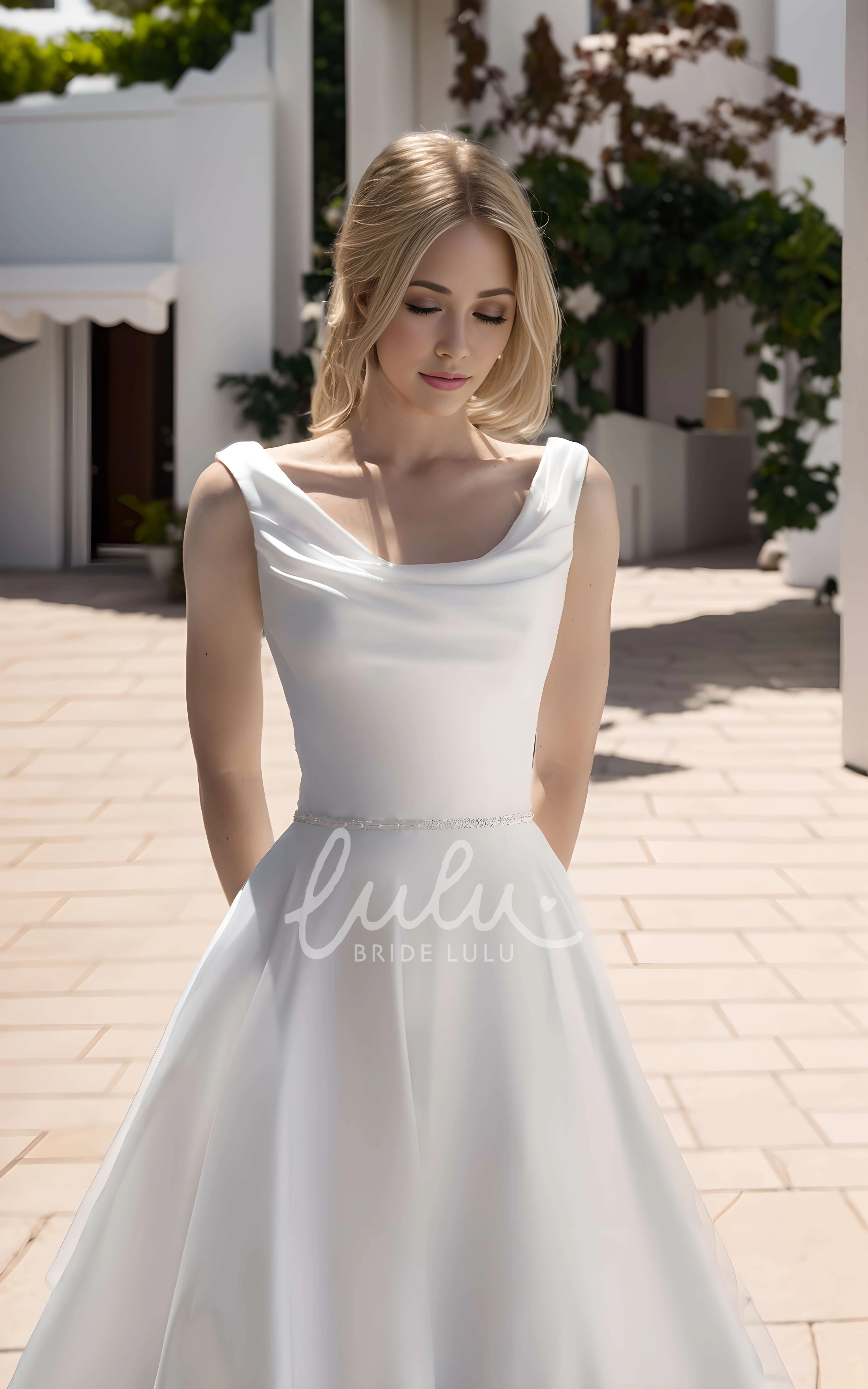 Simple Satin Modern A-Line Wedding Dress Sleeveless Scoop Solid Train Gown