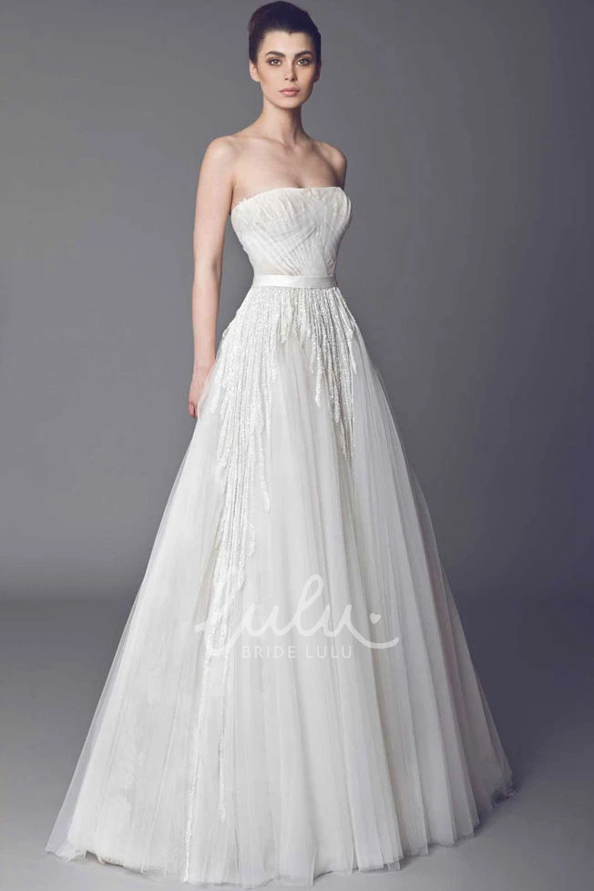 Ruched Strapless Tulle Wedding Dress with Brush Train and V-Back Modern Bridal Gown