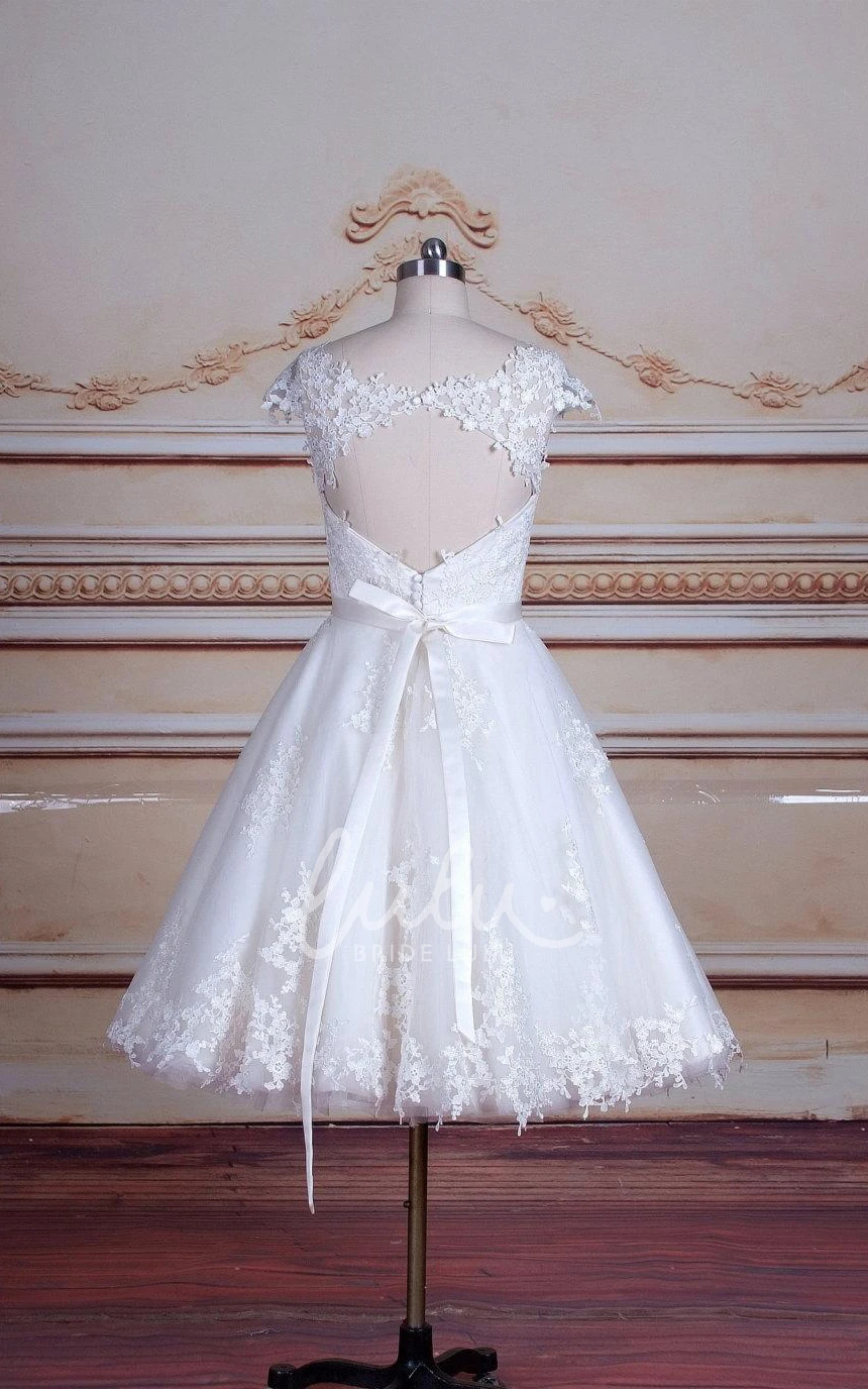 Cap Sleeve Tea-Length Tulle Lace Satin Dress with Keyhole Back Classy Bridesmaid Dress