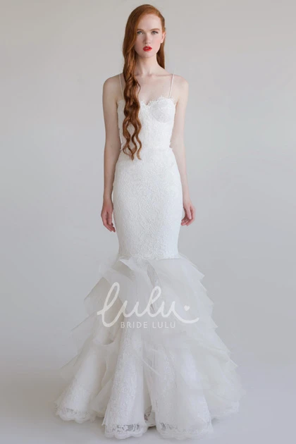 Sleeveless Mermaid Lace&Tulle Wedding Dress With Ruffles Floor-Length Pick-Up