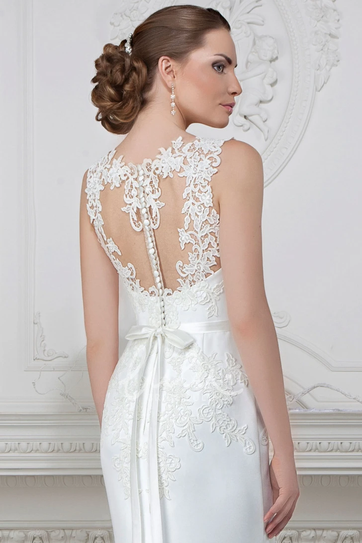 Sleeveless Maxi Jewel-Neck Satin Sheath Wedding Dress Classy Bridal Gown