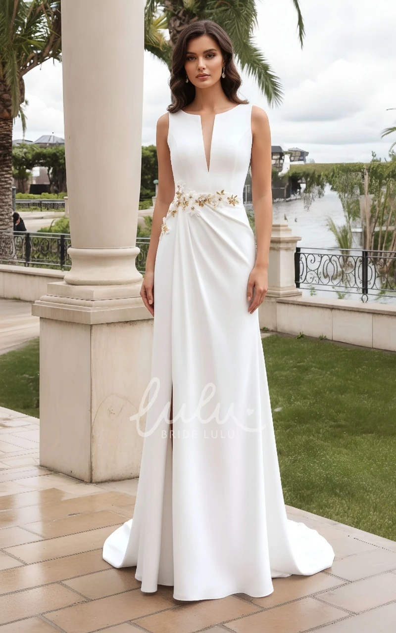 Elegant Sheath Satin Sleeveless Deep V Neck Spring Wedding Dress Romantic Jewel Neck Floral Front Slit Gown