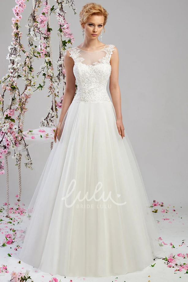Sleeveless Tulle Wedding Dress with Pleats A-Line Floor-Length Scoop-Neck Appliqued