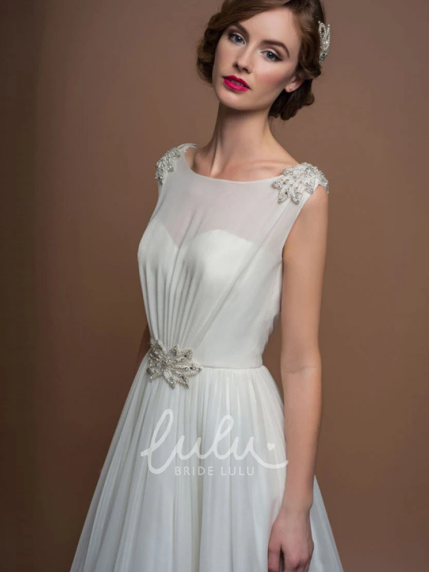 Chiffon A-Line Wedding Dress with Deep-V Back Waist Jewelry and Bateau Neck Sleeveless
