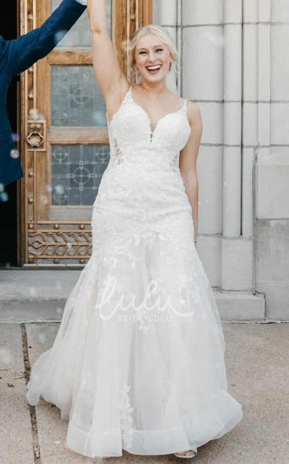 Bohemian Spaghetti Plus Size Applique Tulle A-Line Sequins Wedding Dress