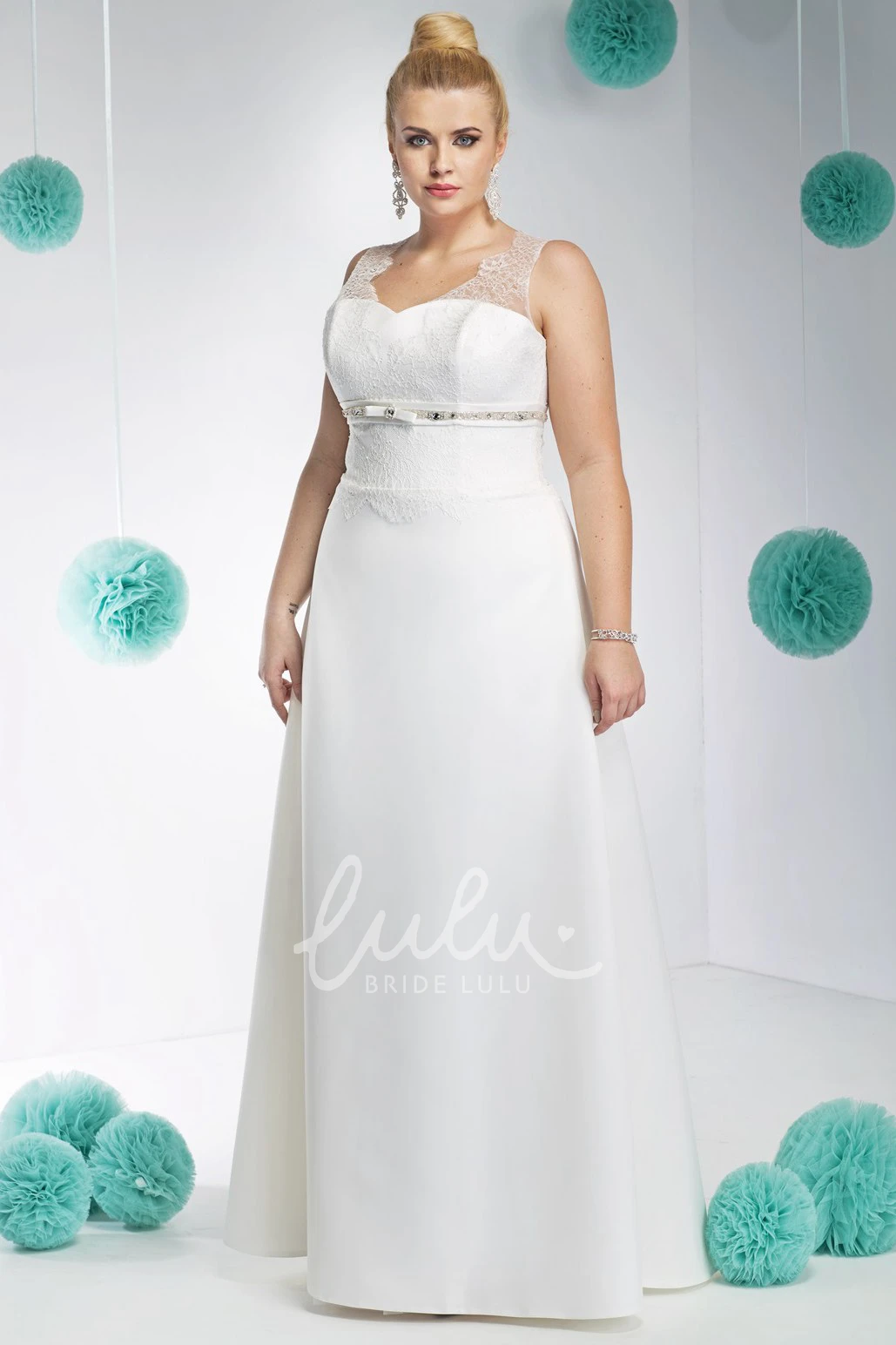 Satin Plus Size Wedding Dress with Waist Jewellery Sleeveless V-Neck Long Lace