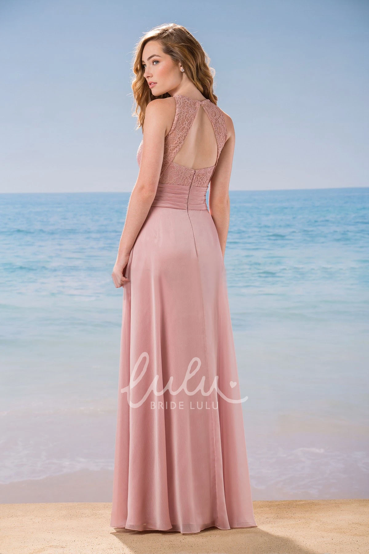 High-Neck A-Line Gown with Front Slit and Keyhole Back Keyhole Back High-Neck A-Line Gown with Front Slit