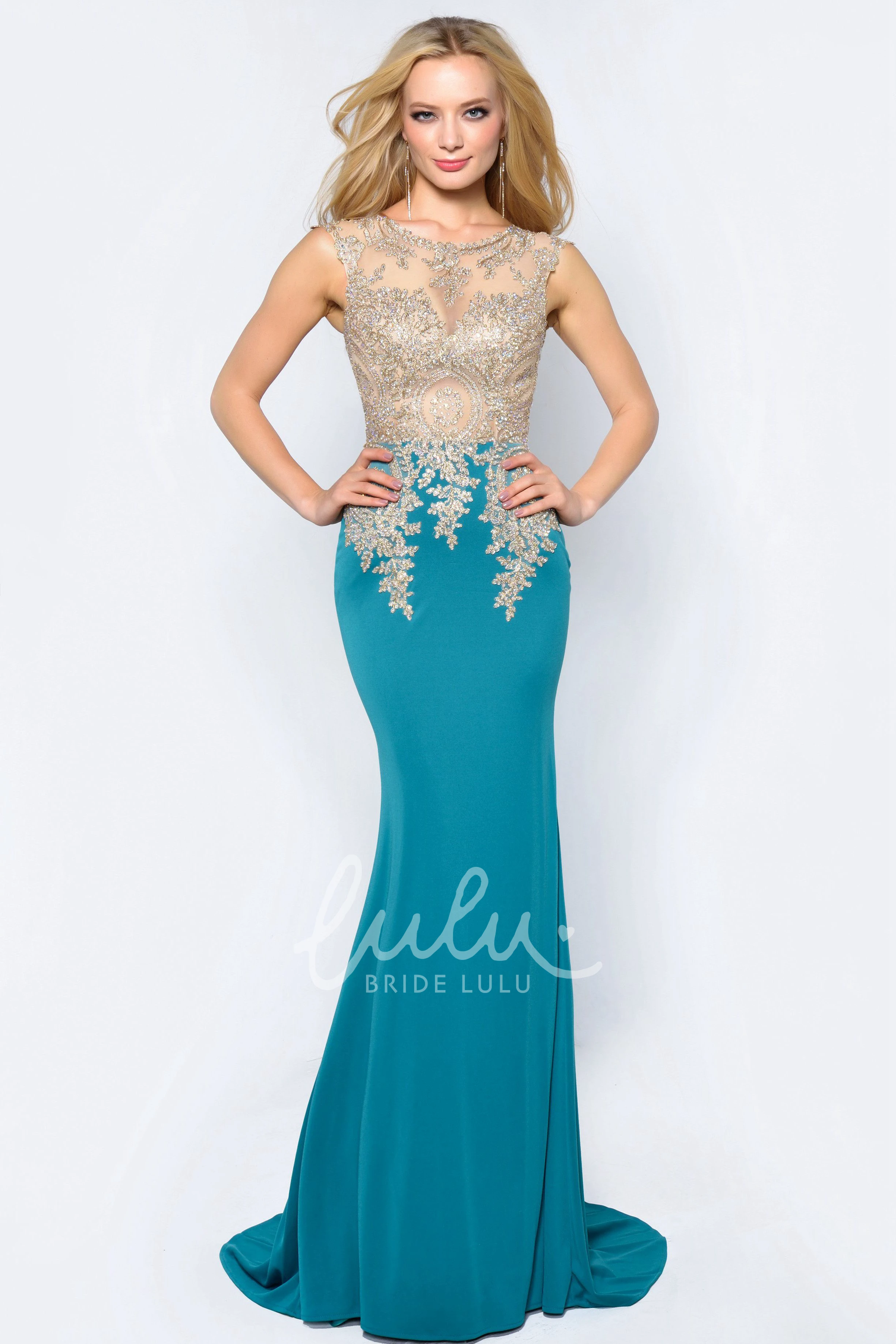 Long Sleeveless Formal Dress with Scoop-Neck and Jersey Illusion Beading