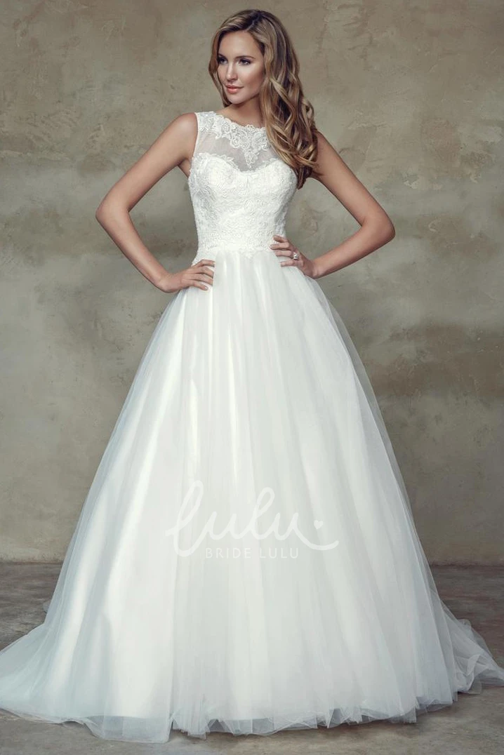 Ball-Gown Wedding Dress with Court Train and Illusion Back Sleeveless Appliqued Lace & Satin Dress