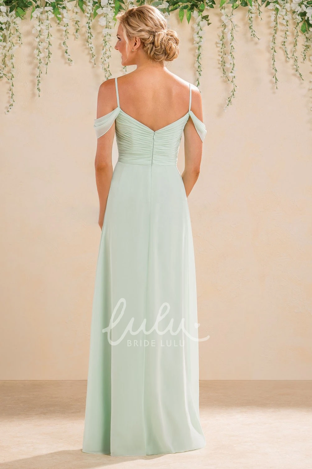 Floor-Length Off-Shoulder A-Line Bridesmaid Dress with Ruches and V-Back Modern Bridesmaid Dress