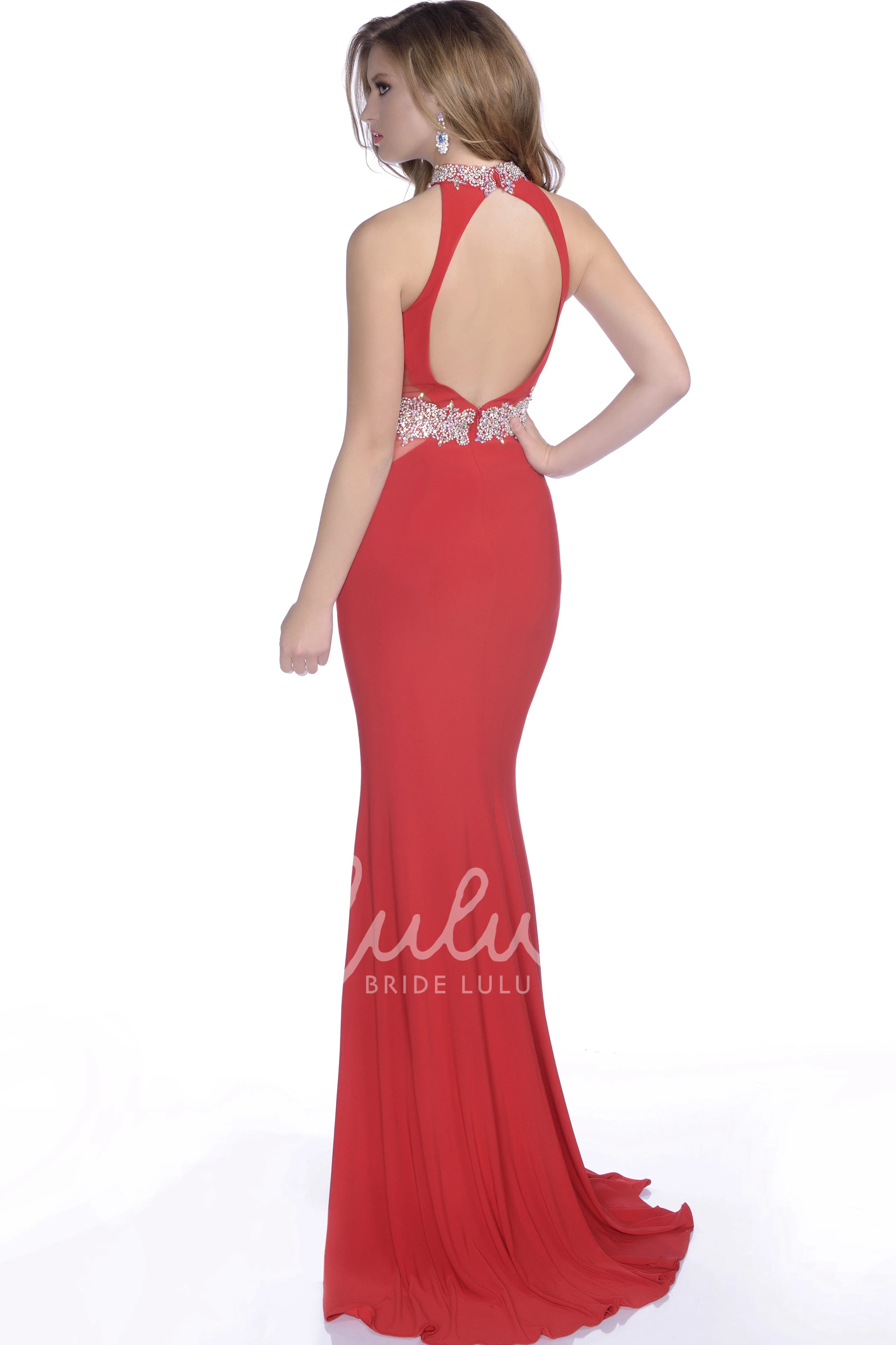 Bling Waistband Halter Mermaid Jersey Formal Dress with Keyhole Back