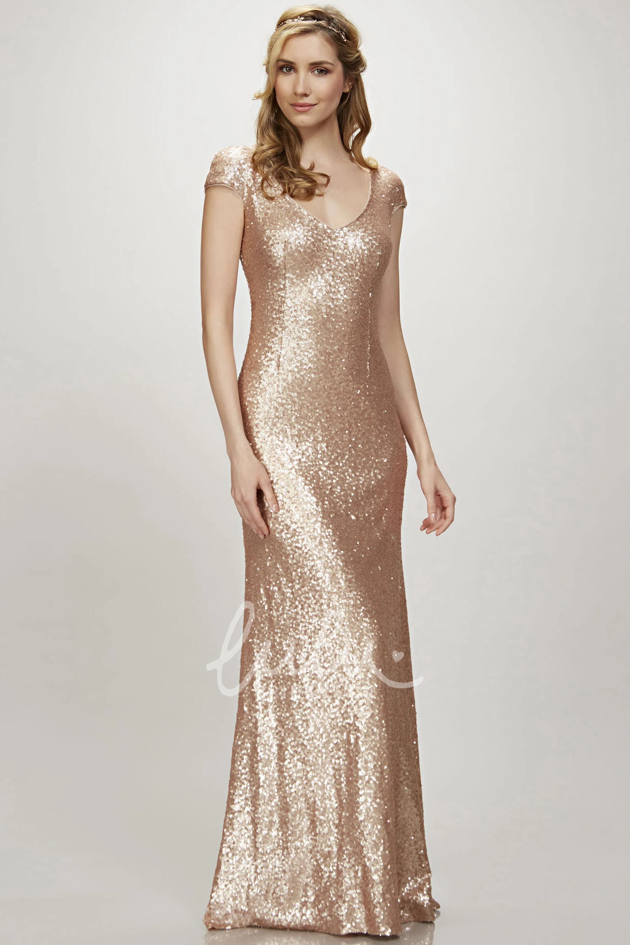 Cap Sleeve Sequin V-Neck Bridesmaid Dress Maxi Length