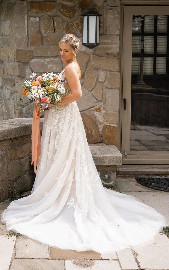 Romantic Spaghetti Straps A-Line Tulle Appliques Court Train Sexy Wedding Dress