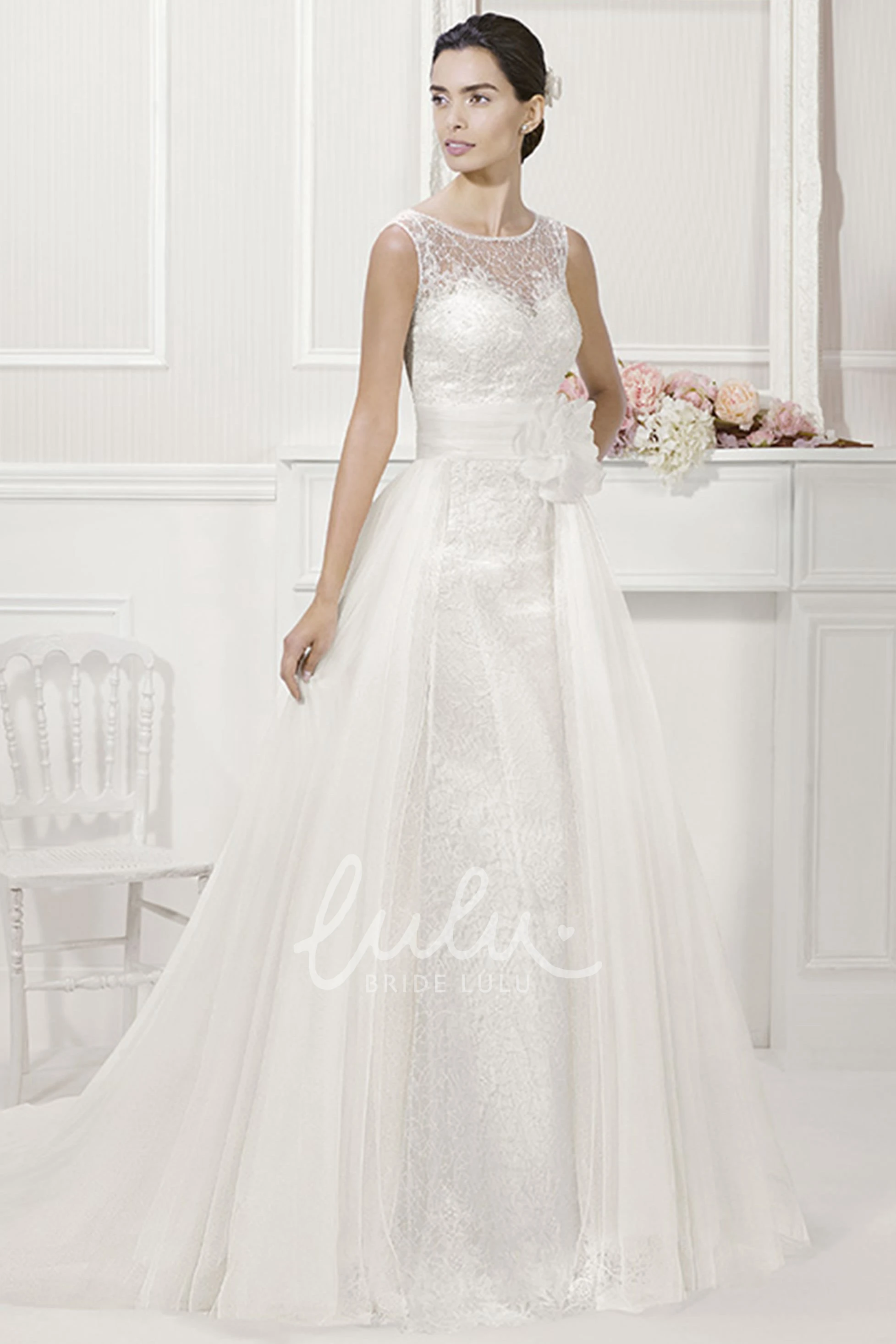 Removable Tulle Skirt Wedding Dress with Floral Lace Sheath