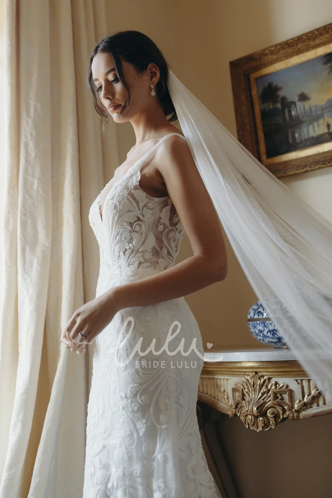 Mermaid Lace Winter Wedding Dress with Deep V-Back and Court Train