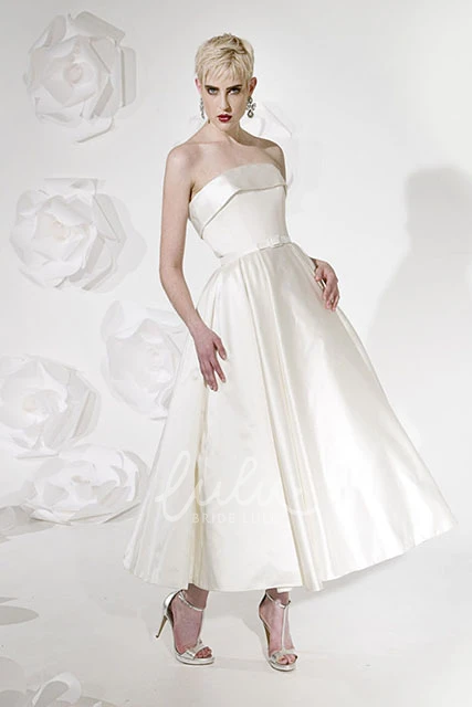 Satin Tea-Length A-Line Wedding Dress with Strapless Style and V Back