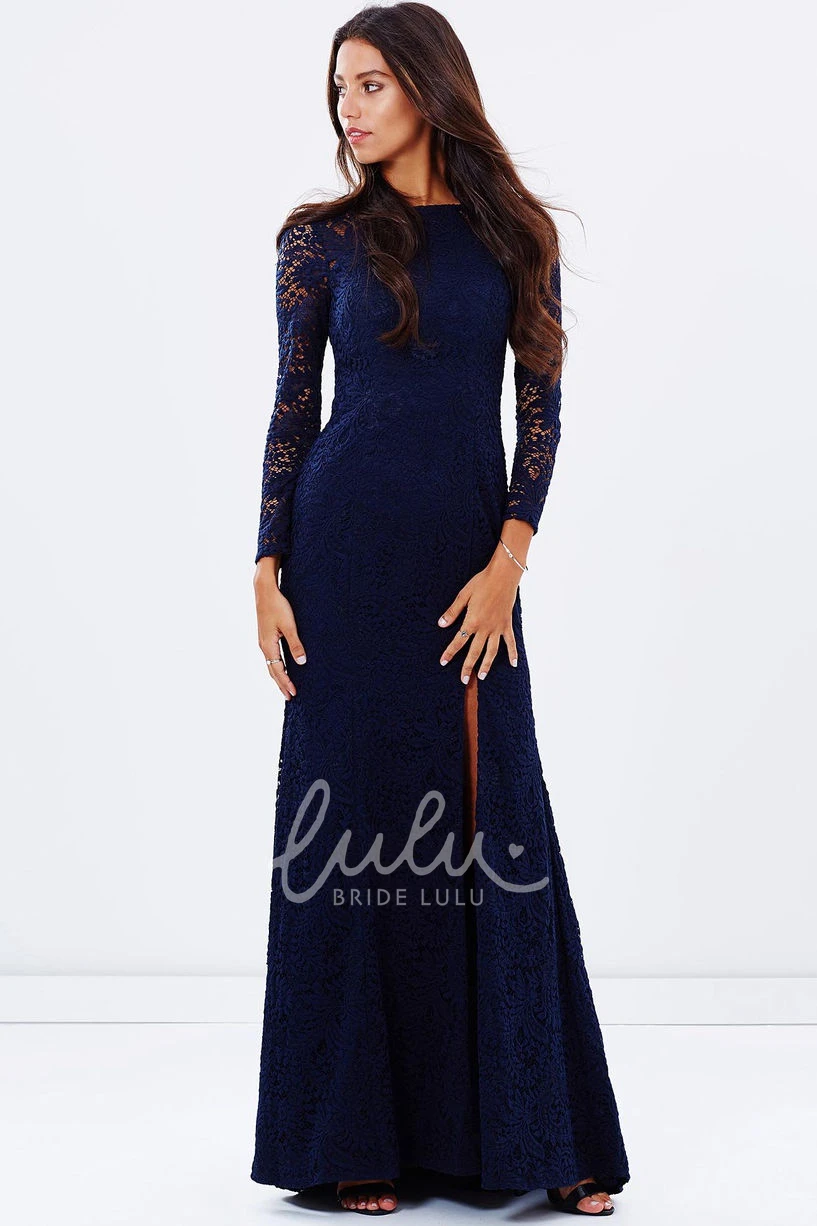 Lace Long Sleeve Jewel Neck Split-Front Bridesmaid Dress