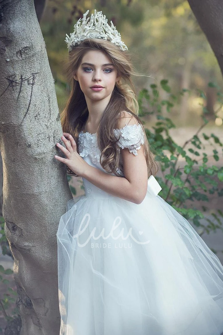 Appliqued Tea-Length Satin Flower Girl Dress with Embroidery