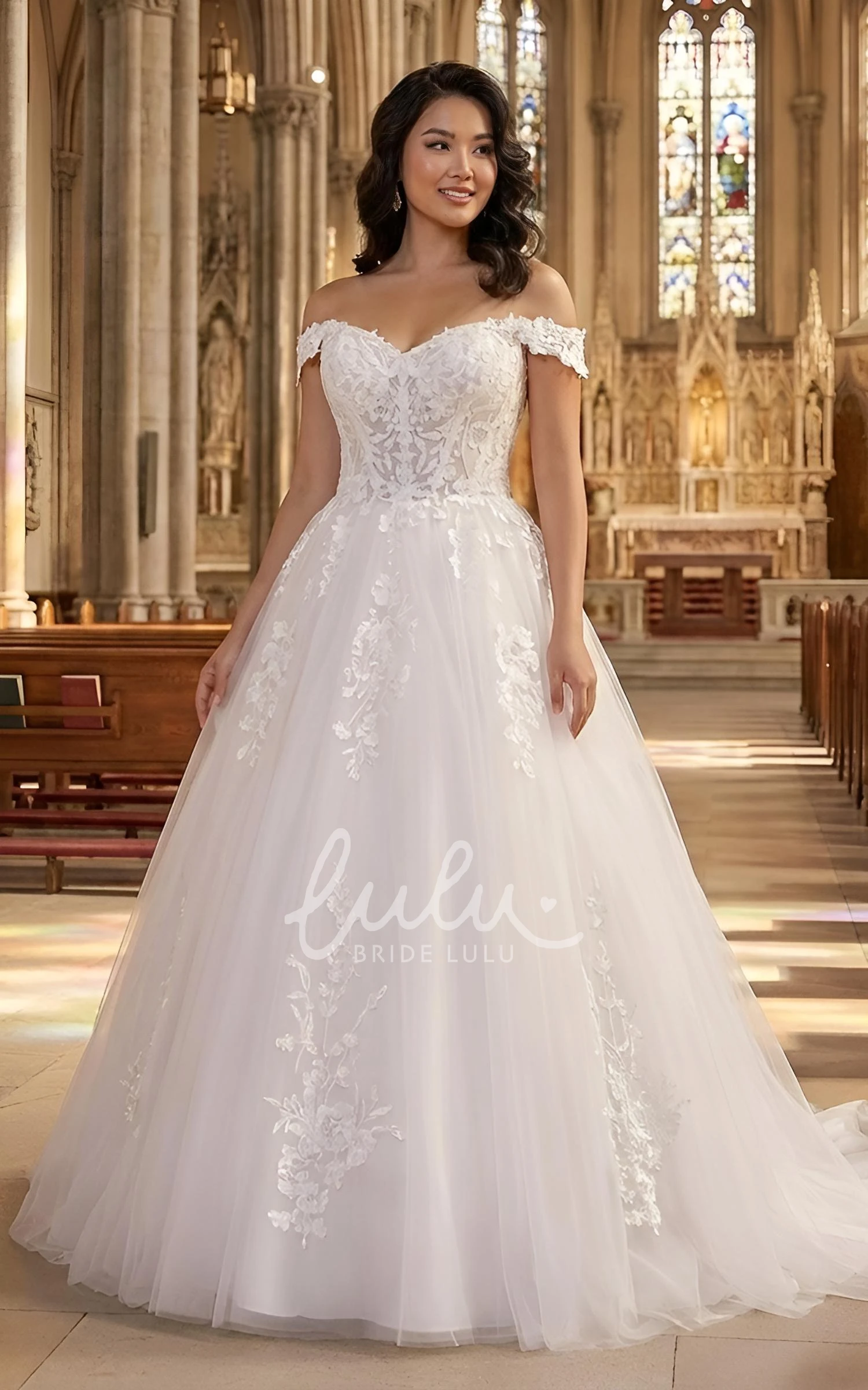 A-Line Plus Size Lace Wedding Dress Off-The-Shoulder Tulle Train Ball Gown
