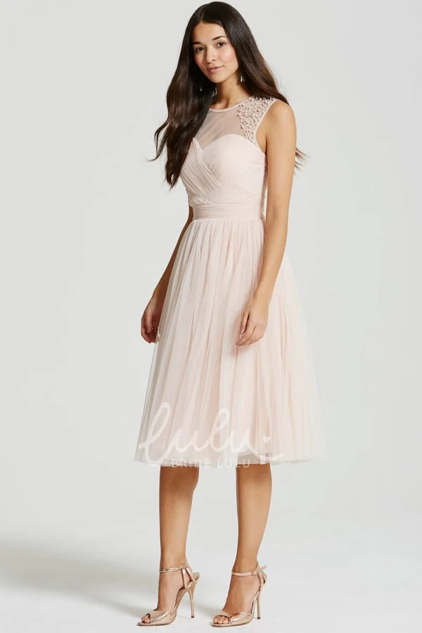 Sleeveless Beaded Tulle Bridesmaid Dress Tea-Length & Unique