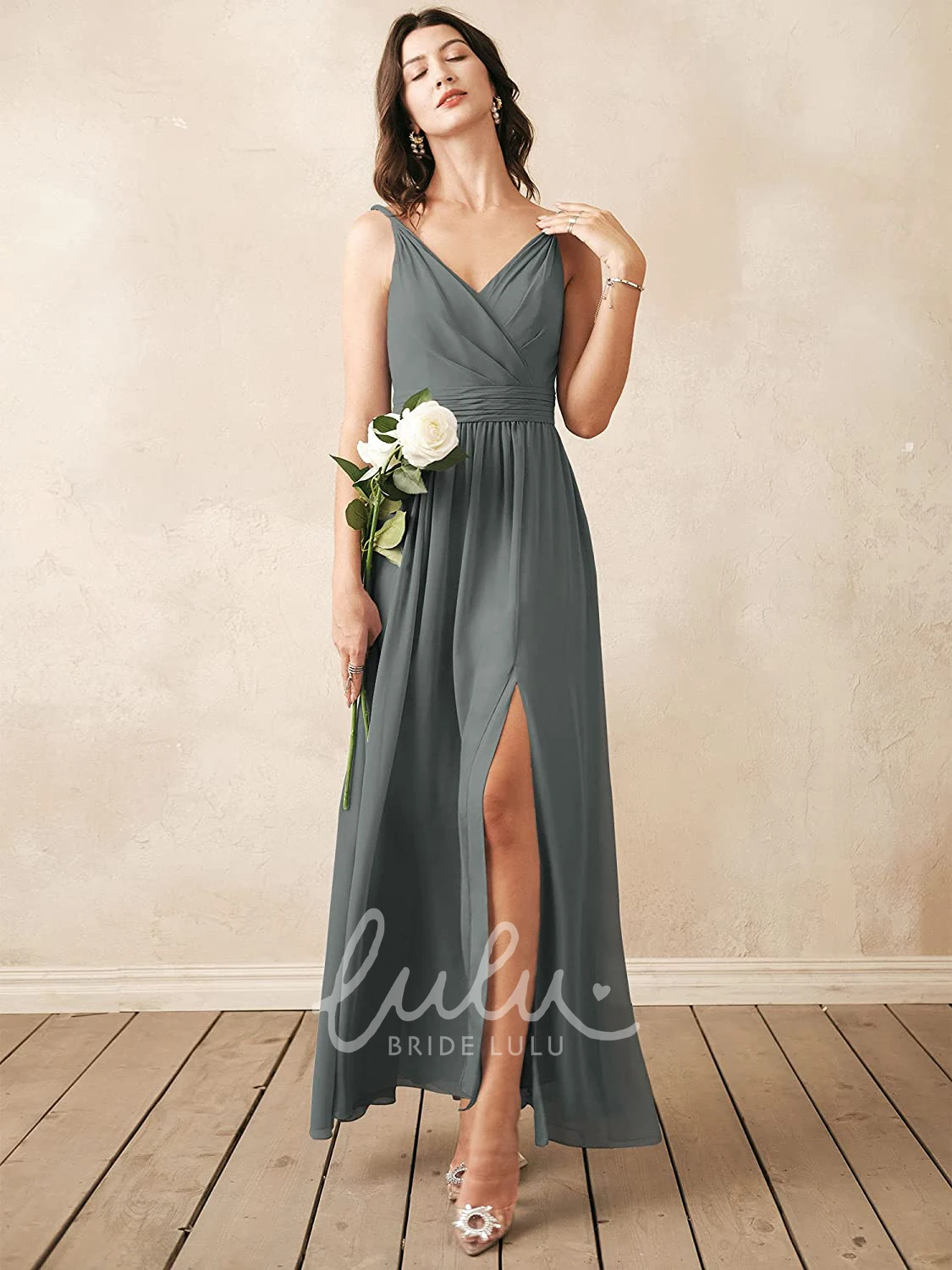 Sleeveless V-neck Chiffon A-line Bridesmaid Dress with Ruching Romantic