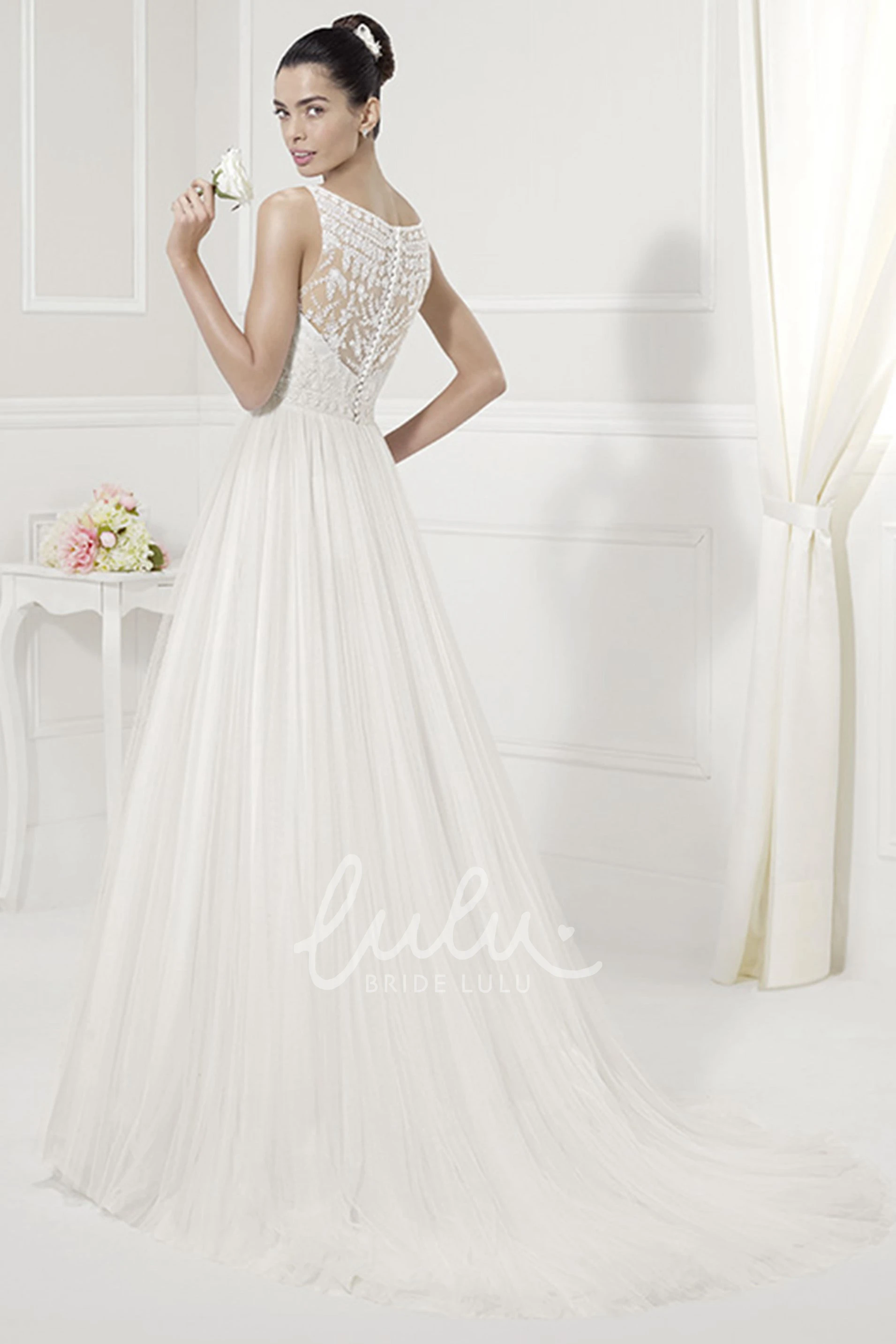 Appliqued Jewel Neckline Pleated Tulle Bridal Gown in A-Line Style