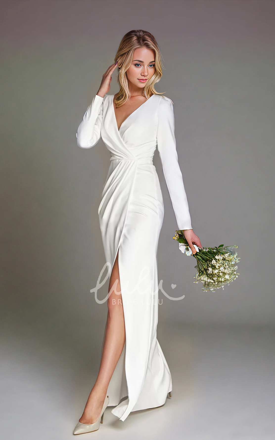 Long Sleeve Sheath Simple Sexy Floor-length V-neck Reception Split Wedding Dress Zipper Back