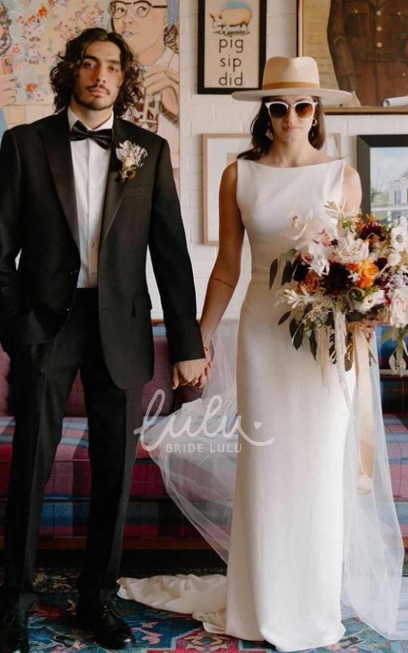 Simple Minimalist Satin Sheath Sleeveless Backless Romantic Country Wedding Dress