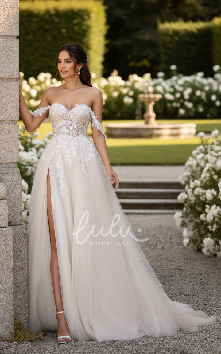 Beach Fairy Boho Lace Off-the-Shoulder Spring Wedding Dress Elegant Sexy A-Line Sweetheart Floral Strapless High Split Front Bridal Gown with Appliques and Train