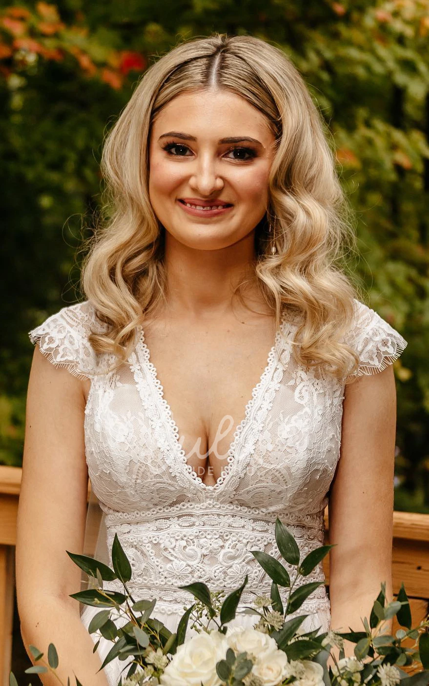 Sexy A-Line Lace Appliques Keyhole Back Bell Sleeves Country Wedding Dress with Sweep Train