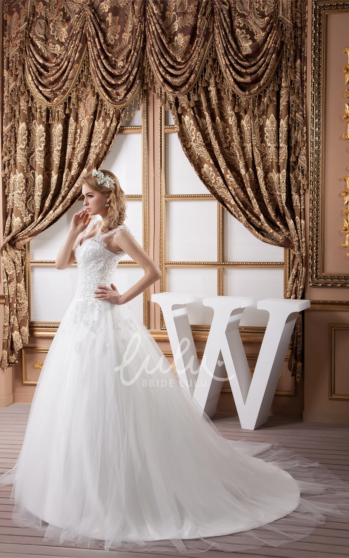 Tulle Ball Gown Wedding Dress Sleeveless Plunged Neckline with Appliques