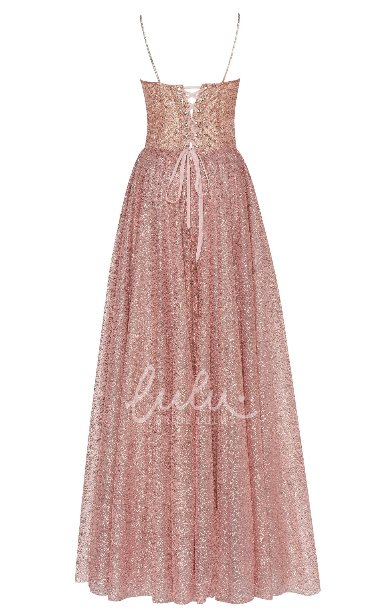 Romantic Sequins Spaghetti Formal Dress with Lace-up Back and Bow Women's Evening Gown