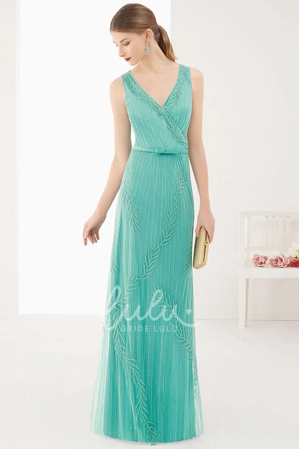 Tulle Prom Dress with Beadings & Bow Belt Long Bridesmaid Dress