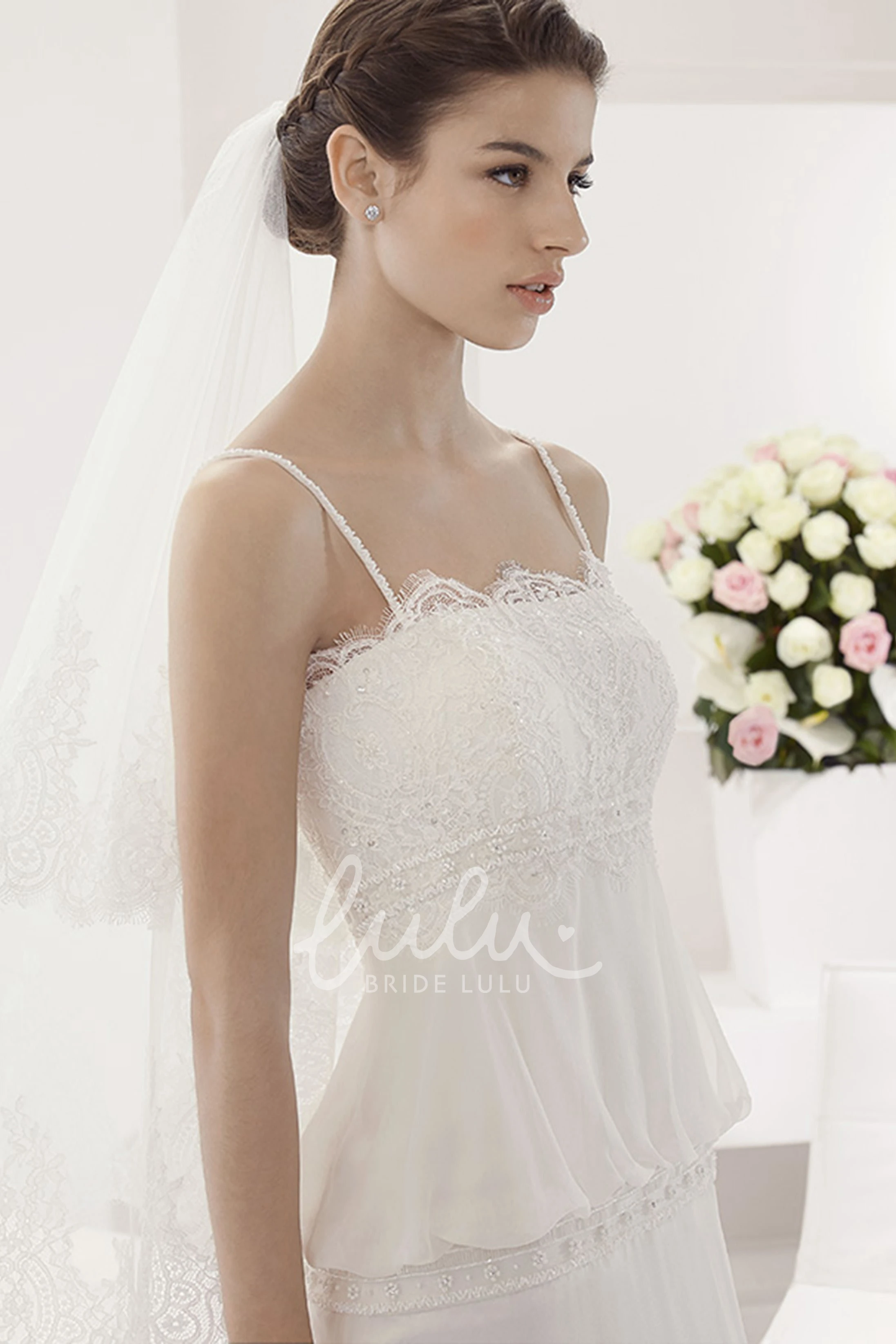 A-Line Chiffon Wedding Dress with Spaghetti Straps Scalloped Neckline and Unique Lace Design